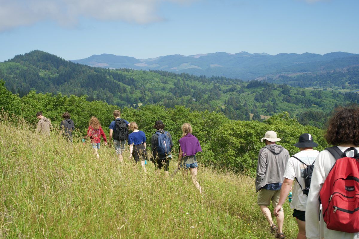 Campers following a trail at camp