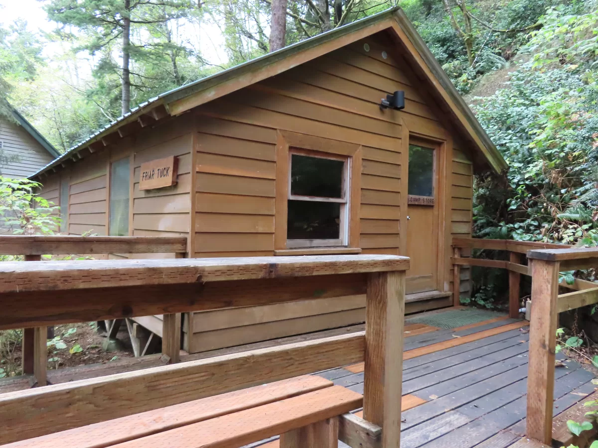 A wooden building with a wooden deck