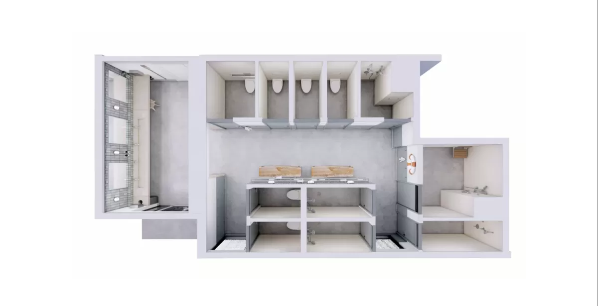 overhead 3D rendering of bathrooms with six stalls and five showers