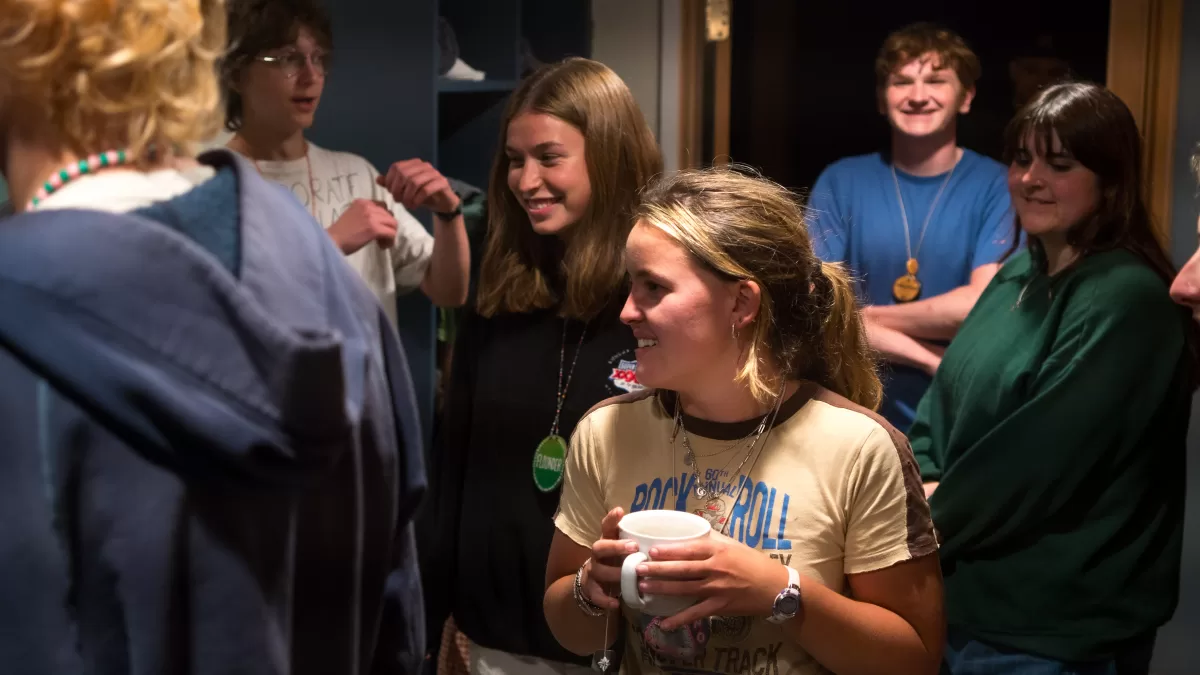 staff smile and gather in bathroom washroom