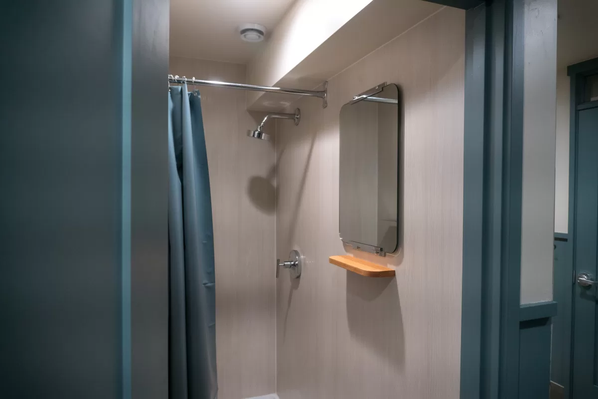 shower stall with mirror and shelf