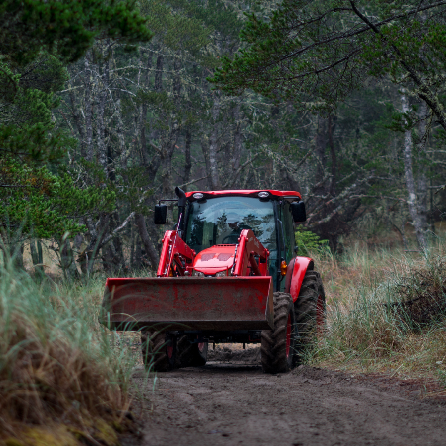 A tractor drives along a sandy trail in the forest.